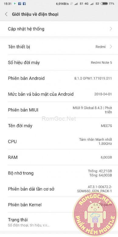 Rom Tiếng Việt Xiaomi Redmi Note 5 / Note 5 Pro (whyred) không cần Unlockbootloader